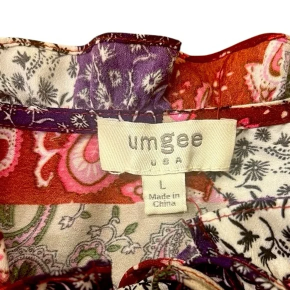 Umgee Mixed Print Ruffle Blouse Top in Mixed Wine Women’s Size Large - Picture 3 of 11